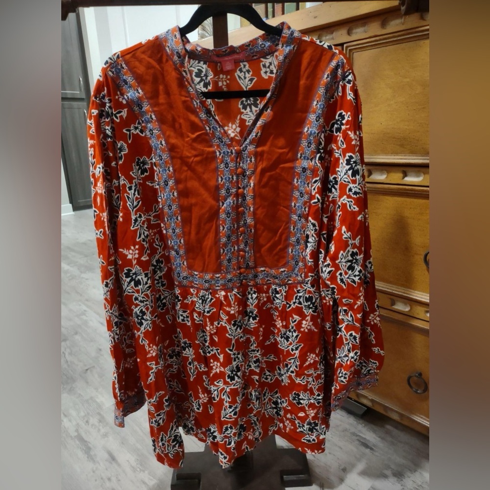 Woman Within Floral Tunic Top Plus Size 2X Button Front Purple Peasant Boho